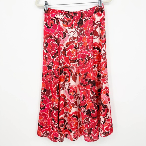 MNG Mango Floral Satin Slip Midi Skirt Red Pink Small - Picture 1 of 7